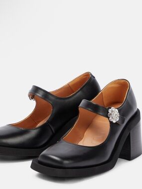 Ganni Black Leather Mary Jane Block Heels with Rhinestone Flower Buckle
